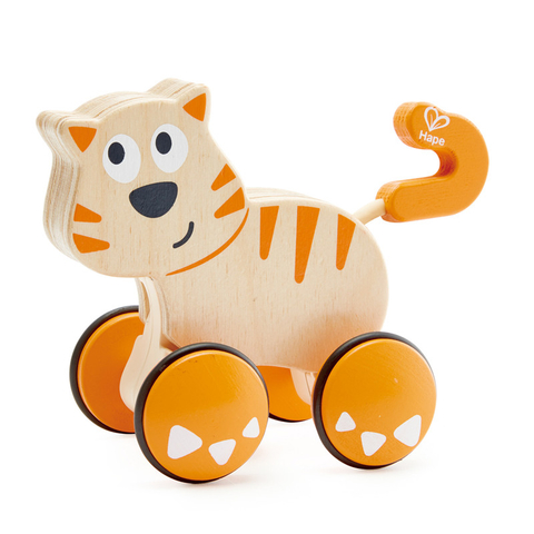 Hape Dante Push dan Go | Tekan kayu, pelepasan & pergi mainan kanak-kanak kucing dengan roda