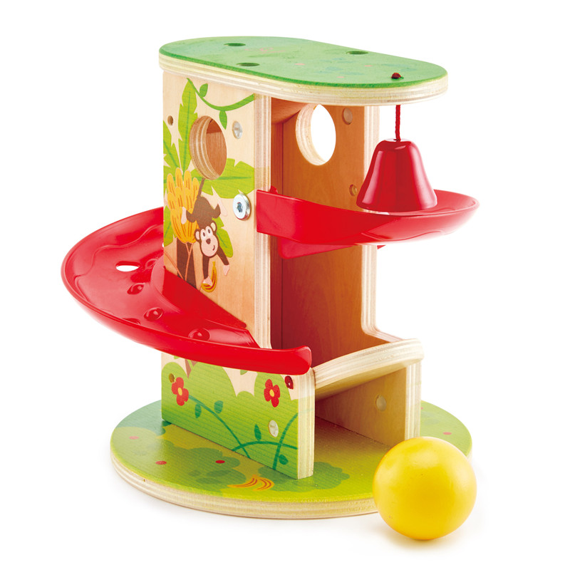 Hape Jungle Press and Slide | Kanak-kanak Mainan dengan Bell dan Bola Kayu, Jungle Themed Lever Operated Toddler Game