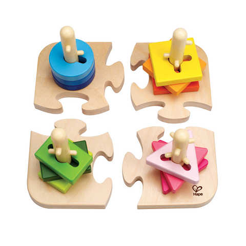 Puzzle Peg Kreatif oleh Hape | Teka-teki Penyusun Masalah Peg Stoker Kayu untuk Kanak-kanak, Menyusun Mainan dengan Bentuk Beralur Berbeza, Tiang Pasak